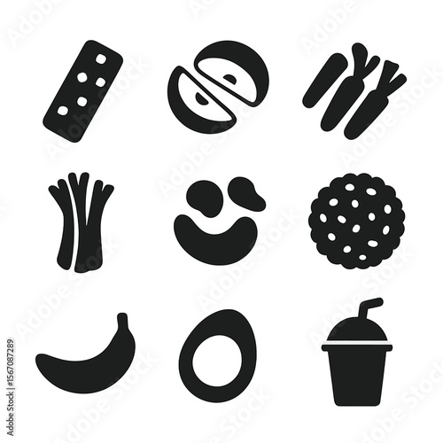 Healthy Snack Icons. Solid, filled icon set of healthy table snacks: granola bar, apple slices, baby carrots, celery sticks, nuts,