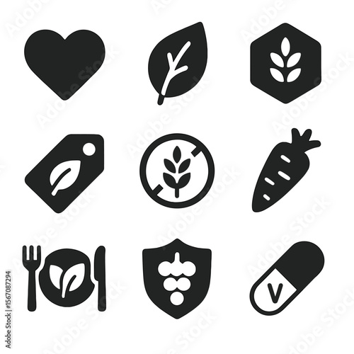 Healthy Salad Icons. Solid, filled icon set of healthy salad symbols: heart icon, organic label, low calorie badge, vegan tag,
