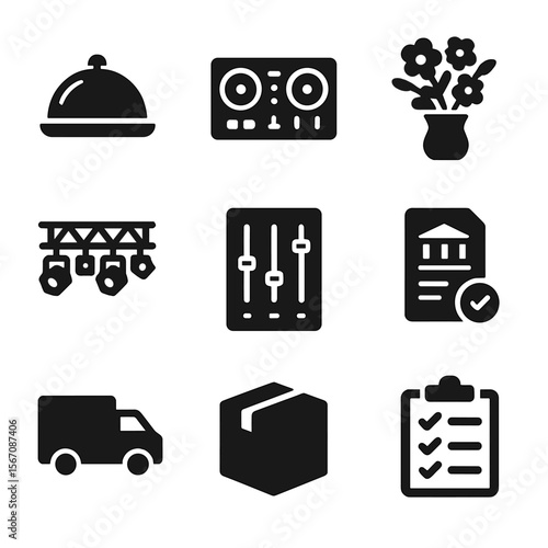 Event Coordination Icons. Solid, filled icons set of event vendor coordination: catering tray, DJ console,