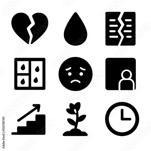 Heartbreak Icon Collection. Solid, filled icon set of heartbreak and recovery: broken heart, teardrop, ripped letter, rainy window