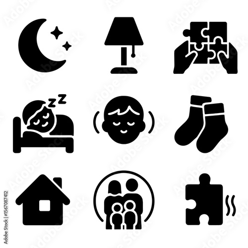 Evening Family Icons. Solid, filled icons set of evening family routine: moon icon, warm lamp, puzzle time,