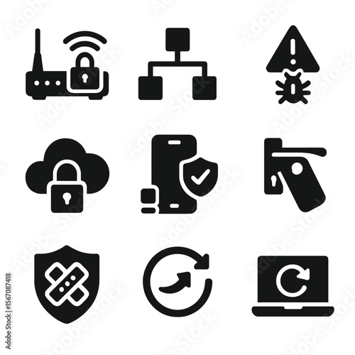 Network Security Icons. Solid, filled icon set of network security tools: router, Wi-Fi lock, network map, intrusion detection,