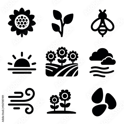 Sunflower Icon Grid. Solid, filled icons set of sunflower field: large bloom, stalk, leaves, bee, horizon sun,