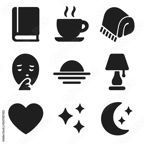 Evening Reflection Icons. Solid, filled icons set of reflecting on the day: journal icon, warm tea cup, cozy