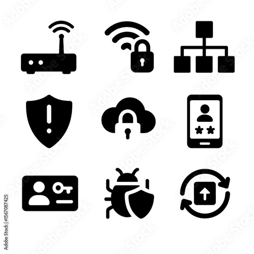 Network Security Icons. Solid, filled icon set of network security tools: router, Wi-Fi lock, network map, intrusion detection,