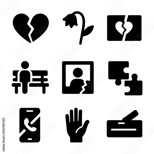 Heartbreak Icons Set. Solid, filled icon set of heartbreak symbols: split heart, wilted flower, love letter torn, lonely bench,