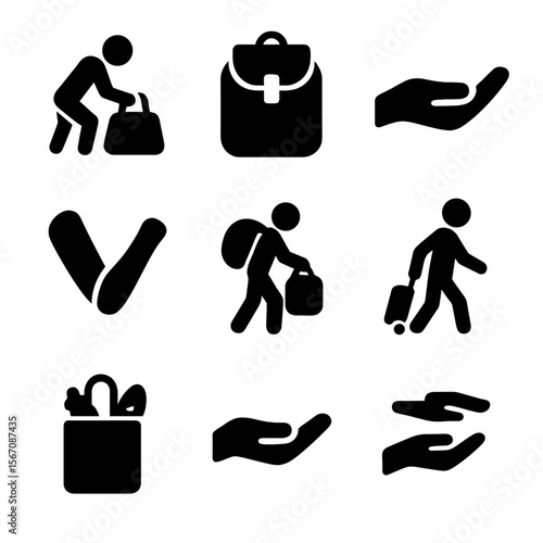 Heavy Bag Icons. Solid, filled icon set of carrying a heavy bag for someone: person lifting bag, heavy backpack, helping hand, arm