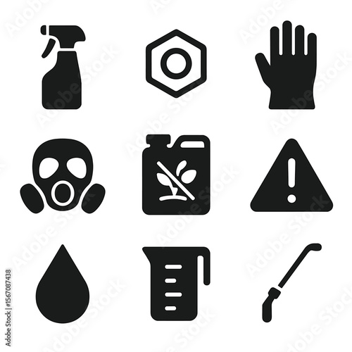 Herbicide Application Icons. Solid, filled icon set of herbicide application: spray bottle, chemical symbol, protective gloves,
