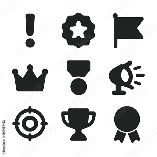 High Importance Icons. Solid, filled icon set of high importance indicators: exclamation mark, star badge, priority flag, crown,