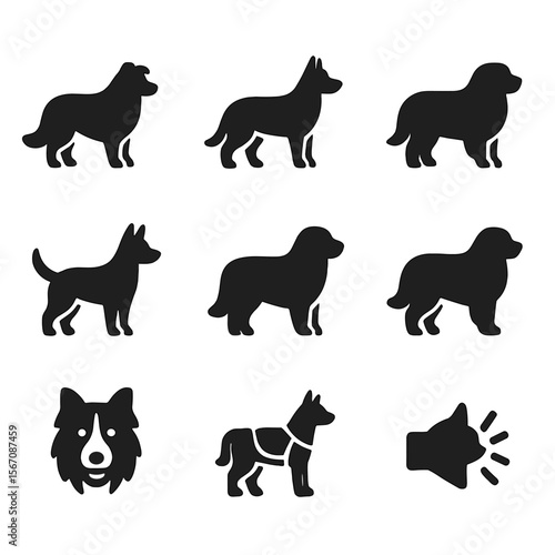 Herding Dog Icons. Solid, filled icon set of herding dogs: border collie, Australian shepherd, German shepherd, kelpie, Maremma