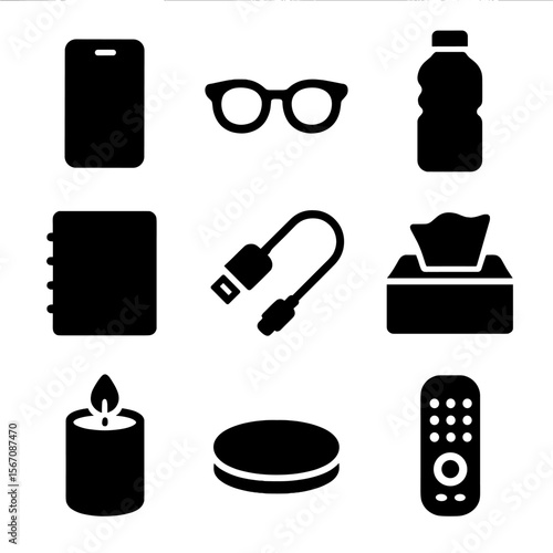 Nightstand Essentials Icons. Solid, filled icon set of nightstand essentials: smartphone, reading glasses, water bottle, notebook,