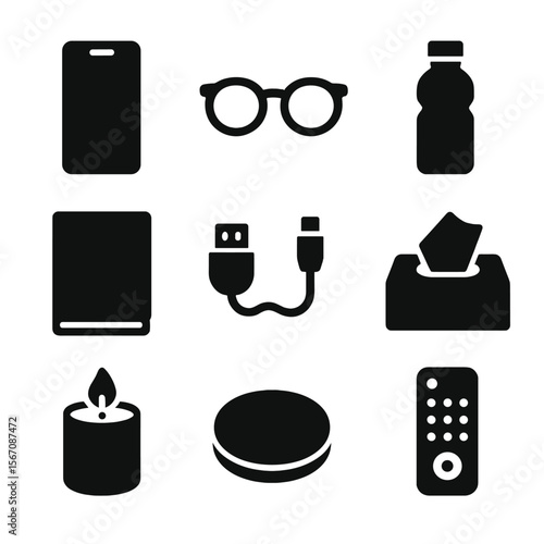 Nightstand Essentials Icons. Solid, filled icon set of nightstand essentials: smartphone, reading glasses, water bottle, notebook,