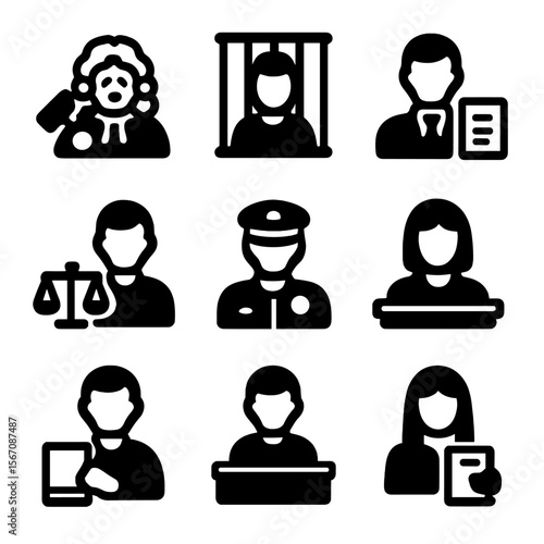 Legal Roles Icons. Solid, filled icon set of legal roles: judge, lawyer, defendant, plaintiff, bailiff, court clerk, witness, jury
