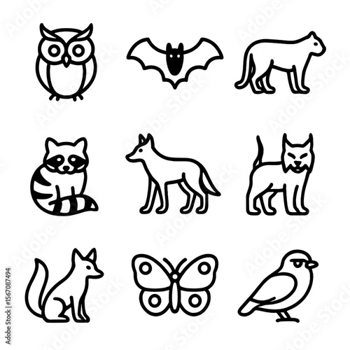 Nocturnal Predator Icons. Solid, filled icon set of nocturnal predators: owl, bat, cougar, raccoon, coyote, lynx, fox, owl