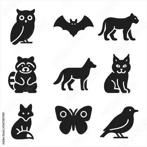 Nocturnal Predator Icons. Solid, filled icon set of nocturnal predators: owl, bat, cougar, raccoon, coyote, lynx, fox, owl