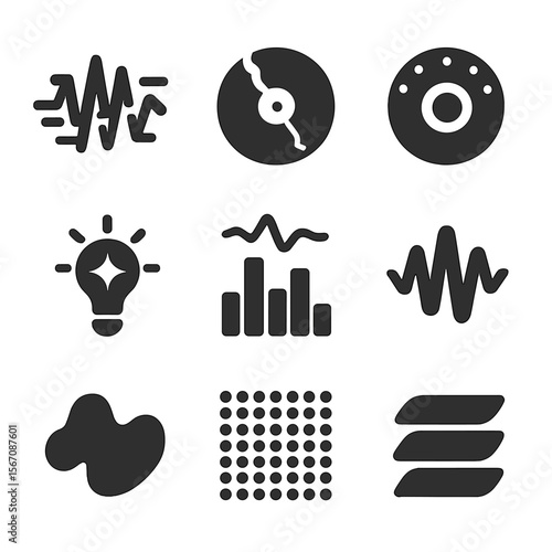 Experimental Sound Icons. Solid, filled icons set of experimental sound fusions: waveform glitch, broken