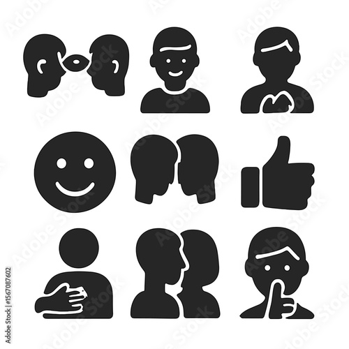 Non-Verbal Icons Set. Solid, filled icon set of non-verbal communication: eye contact, nodding head, hand on chest, smiling face,