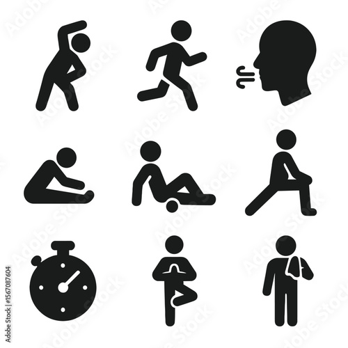 Exercise Icon Set. Solid, filled icons set of warm-up and cool-down routines: stretching icon, slow jog figure