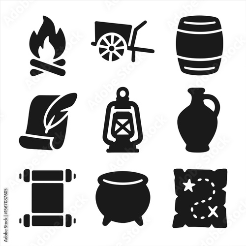 Historical Icon Set. Solid, filled icon set of historical reenactment props: campfire, wooden cart, barrel, quill and parchment,