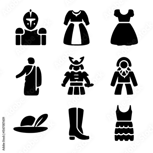 Historical Costume Icons. Solid, filled icon set of historical reenactment costumes: medieval armor, colonial dress, Victorian