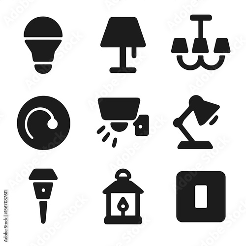 Lighting Solutions Icons. Solid, filled icon set of lighting solutions: LED bulb, lamp, chandelier, dimmer switch, motion sensor