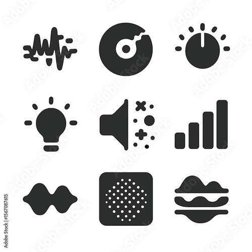 Experimental Sound Icons. Solid, filled icons set of experimental sound fusions: waveform glitch, broken
