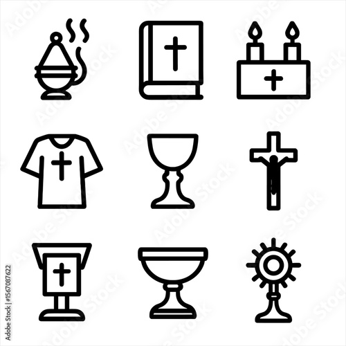 Liturgical Icons Set. Solid, filled icon set of liturgical elements: incense burner, hymn book, altar candles, priest vestments,