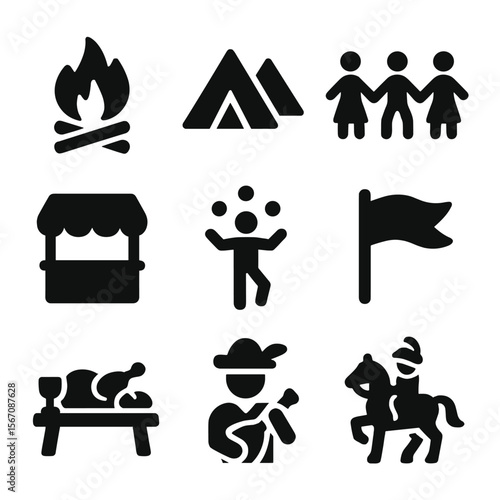 Historical Reenactment Icons. Solid, filled icon set of historical reenactment festivals: bonfire, tents, dance circle,