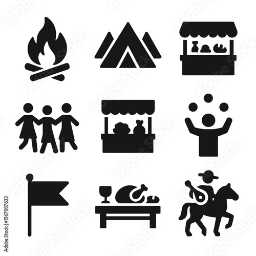 Historical Reenactment Icons. Solid, filled icon set of historical reenactment festivals: bonfire, tents, dance circle,