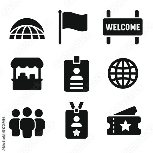 Expo Icons Set. Solid, filled icons set of international fair and expo symbols: expo dome, country flag,