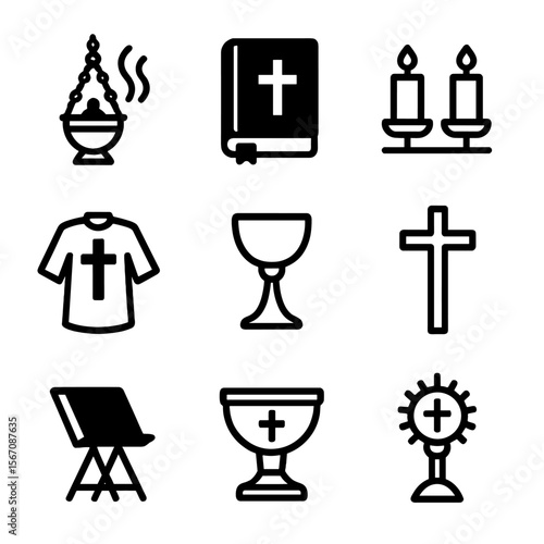 Liturgical Icons Set. Solid, filled icon set of liturgical elements: incense burner, hymn book, altar candles, priest vestments,