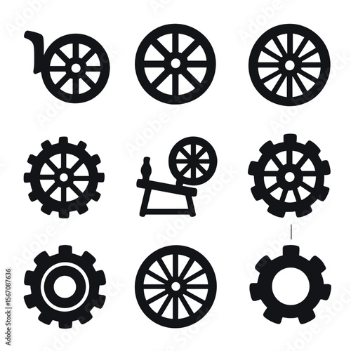 Historical Wheel Icons. Solid, filled icon set of historical wheels: chariot wheel, carriage wheel, wooden wagon wheel, waterwheel