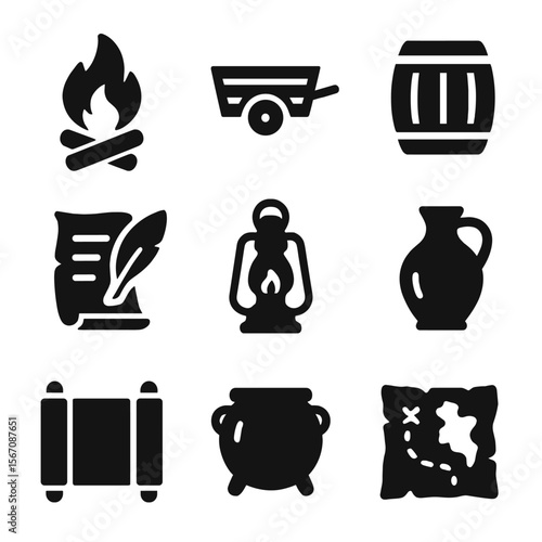Historical Icon Set. Solid, filled icon set of historical reenactment props: campfire, wooden cart, barrel, quill and parchment,