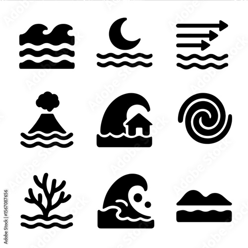 Ocean Icon Grid. Solid, filled icon set of ocean phenomena: waves, tide, current, underwater volcano, tsunami, whirlpool, coral