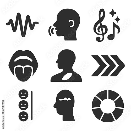 Expressive Singing Icons. Solid, filled icons set of expressive singing styles: vibrato wave, whisper icon,