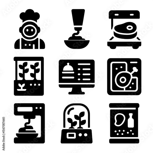 Extraterrestrial Food Icons. Solid, filled icons set of extraterrestrial food production: space chef, nutrient