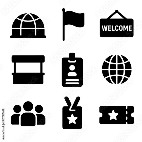 Expo Icons Set. Solid, filled icons set of international fair and expo symbols: expo dome, country flag,