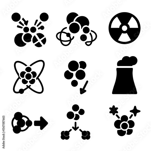 Nuclear Icon Set. Solid, filled icon set of nuclear atoms: fission icon, fusion icon, radioactive symbol, isotope icon, atomic