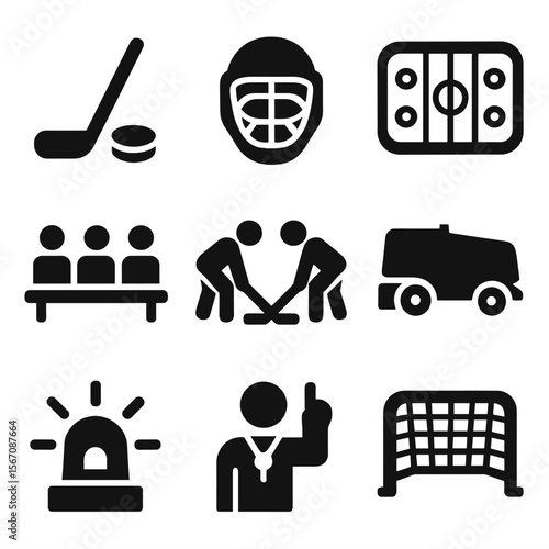 Hockey Icon Set. Solid, filled icon set of hockey team: hockey stick, puck, goal mask, ice rink, team bench, face-off, Zamboni,