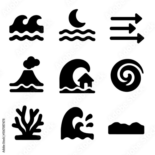 Ocean Icon Grid. Solid, filled icon set of ocean phenomena: waves, tide, current, underwater volcano, tsunami, whirlpool, coral