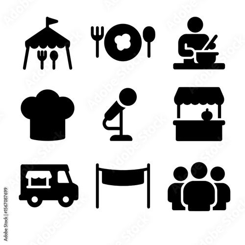 Local Food Icons. Solid, filled icon set of local food events: food festival, tasting plate, cooking demo, chef hat, microphone,