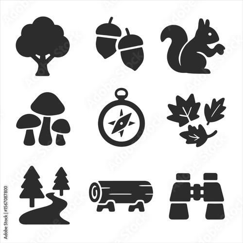 Fall Forest Icons. Solid, filled icons set of fall forest exploration: tree canopy, acorns, squirrel, mushroom
