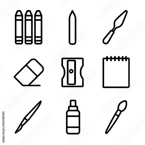 Oil Pastel Tool Icons. Solid, filled icon set of oil pastel tools: oil pastel sticks, blending stump, palette knife, eraser,