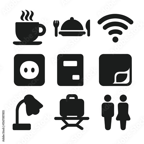 Onboard Amenities Icons. Solid, filled icon set of onboard amenities: coffee cup, meal tray, Wi-Fi symbol, power outlet, magazine,