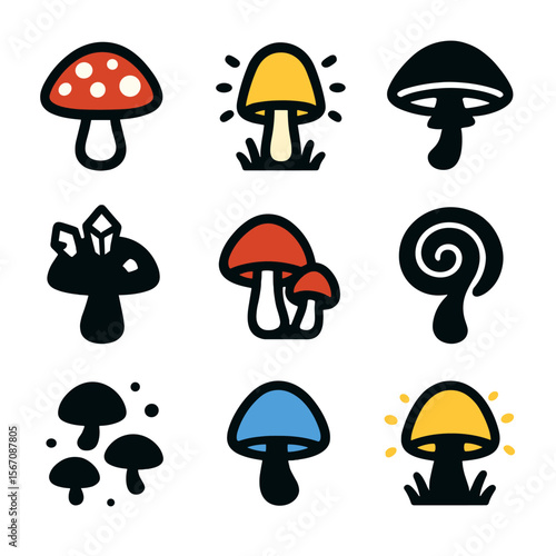 Fairytale Mushroom Icons. Solid, filled icons set of fairytale mushroom varieties: spotted cap, glowing stalk,