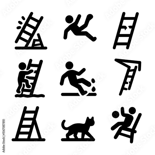 Home Ladder Icon Set. Solid, filled icon set of home ladder accidents: ladder tipping, falling person, cracked rung, child
