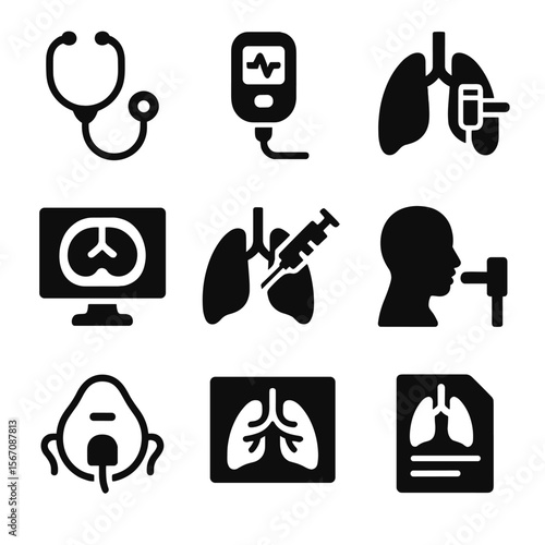 Lung Diagnostic Tools Icons. Solid, filled icon set of lung diagnostic tools: stethoscope, pulse oximeter, spirometry device,