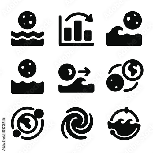 Lunar Tides Icons. Solid, filled icon set of tides and lunar effects: ocean tide, tidal chart, high tide icon, low tide icon, wave