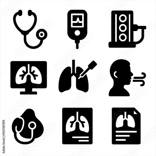 Lung Diagnostic Tools Icons. Solid, filled icon set of lung diagnostic tools: stethoscope, pulse oximeter, spirometry device,