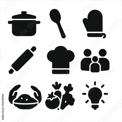 Family Cooking Icons. Solid, filled icons set of cooking together as a family: cooking pot, wooden spoon,
